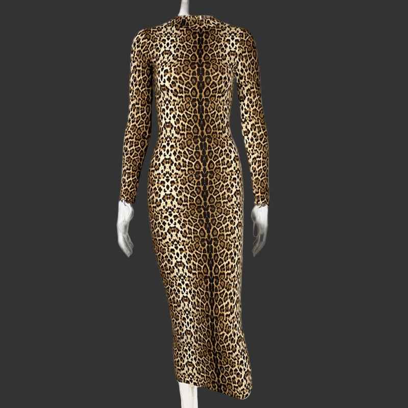 Leopard Print Long-sleeved Slim Dress