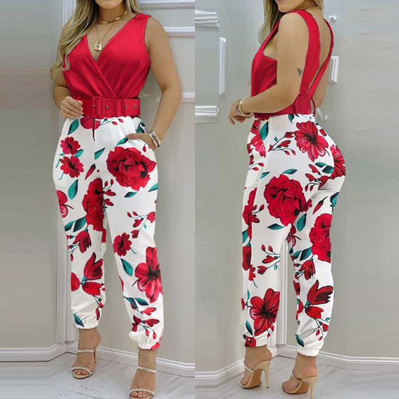 Floral V-Neck Long Jumpsuit with Adjustable Waist