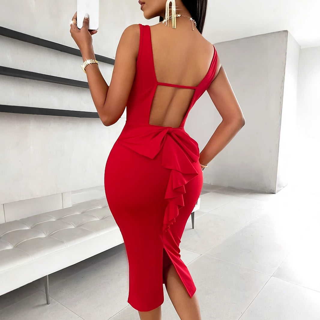 Slit Bow Ruffle Dress