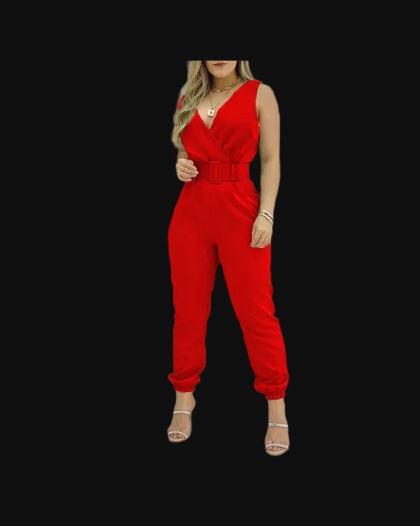 Floral V-Neck Long Jumpsuit with Adjustable Waist