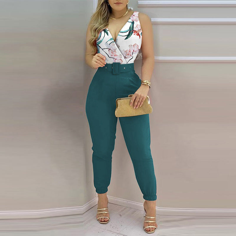 Floral V-Neck Long Jumpsuit with Adjustable Waist